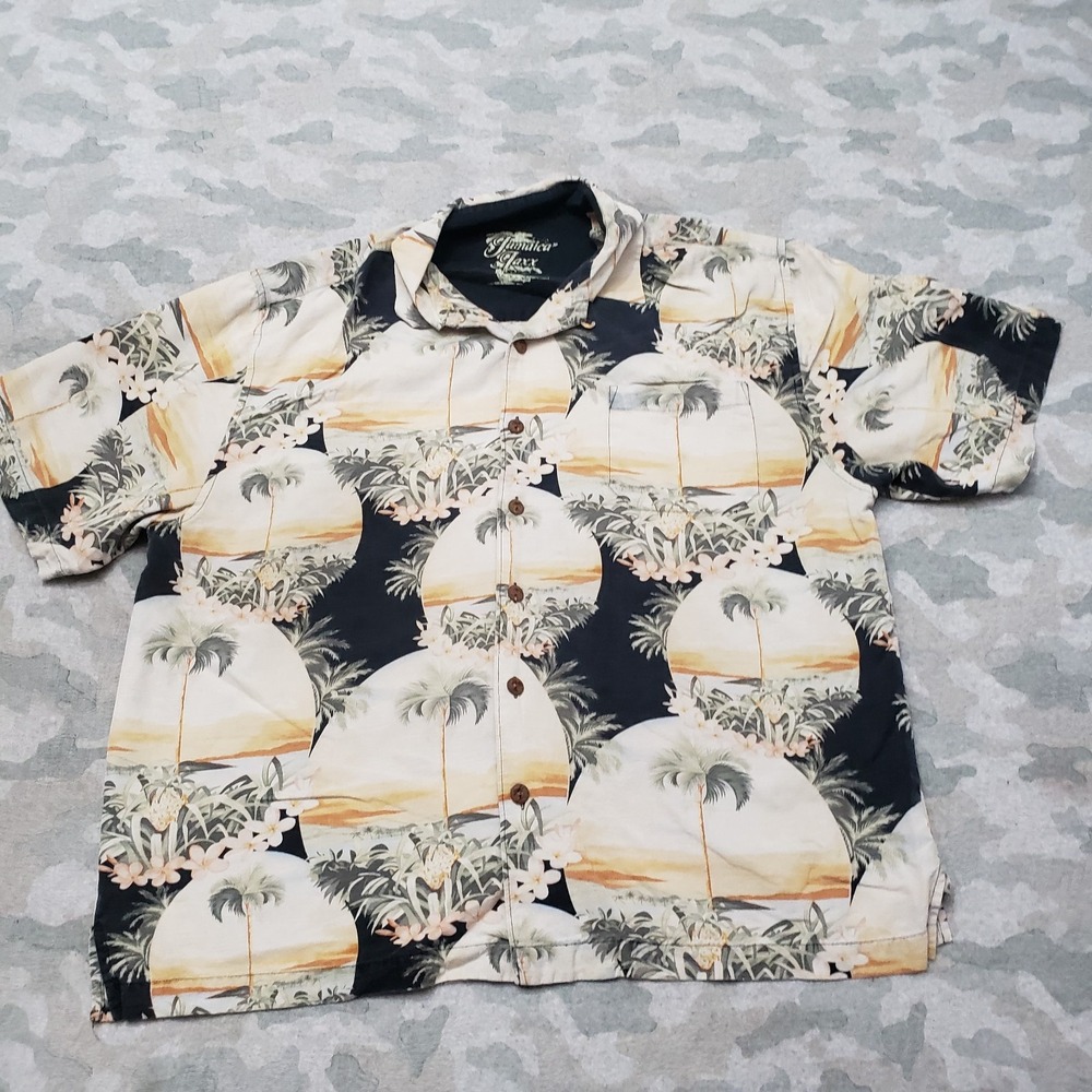 Jamaica Jaxx Shirt Mens Large‎ Tan Silk Short Sleeve Button-Up Hawaiin Beach